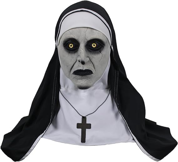 The Nun Scary Halloween Mask, Full Head Horror Mask with Cross Necklace, Gothic Supernatural Costume Prop White