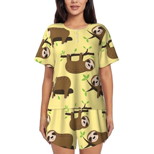 Pyjama 2 pièces femme manches courtes col rond imprimé paresseux jaune