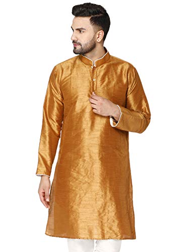 Image of Men's Art Silk Woven Design Long Kurta Mandarin Collar Straight Shirt
