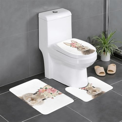 うさぎ 兎 ウサギ 花 トイレマット 3点セット フタカバー 浴室足ふきマット 吸水 速乾 滑り止め 抗菌 防臭 洗える ふわふわ おしゃれ プレゼント 40x60cm