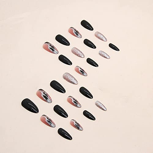 Medium Press On Nails Almond Shape Fake Nails With Silver Waves Design Glitter Acrylic Nails Full Cover Artificial Nails Glossy False Nails Black Glue On Nails For Women And Girls Manicure 24Pcs #TOP2