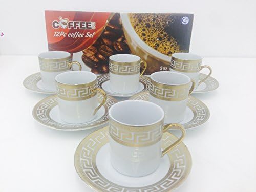 Porcelain Demitasse Cups and Saucers Set of 6 for Espresso or Turkish Coffee Greek Key Design (Gold)