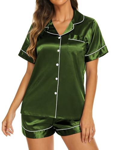 Image of Ekouaer Silk Pajamas for Women Short Sleeve Sleepwear Soft Button Down Loungewear 2 Piece Satin Pjs Shorts Set