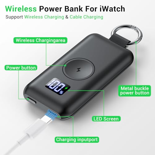 Portable Charger for Apple Watch,1500mAh with LED Display iwatch Magnetic Wireless Charger Power Bank Travel Keychain Charger for Apple Watch Series 10/9/8/UItra/7/6/5/4/3/2/SE-Black