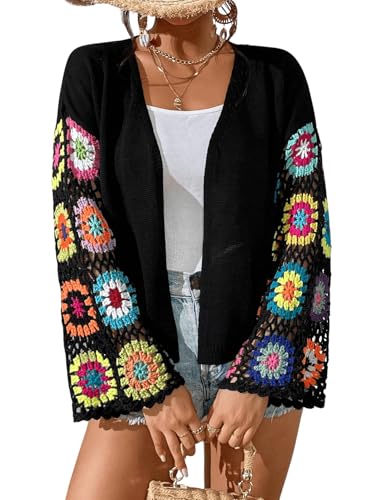 COZYEASE Women's Floral Crochet Long Sleeve Drop Shoulder Open Front Cardigan Sweater
