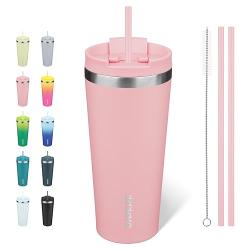 Image of BJPKPK 22 oz Coffee Tumbler with Straw, Insulated Stainless Steel Cup | Double Wall Vacuum, Leak Proof Lid, Keeps Hot /Cold /Iced, BPA Free, Dishwasher Safe, Cupholder Friendly, Travel, Light Pink