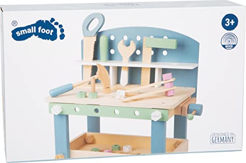 Image of Compact Wooden Workbench by Small Foot -Tool Bench Set in Nordic Theme - 21+ Piece Playset Includes Hammer, Saw, Screwdriver, Nails, Screws and Measuring Stick - Improves Motor Skills - Ages 3+ Years