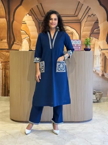 Image of Womens Cotton Slub 3 /4 Sleeves V Neck Co-Ord Set Featuring Floral Print Design On The Hem of The Sleeves and On The Pockets 2 Piece Ethnic Wear