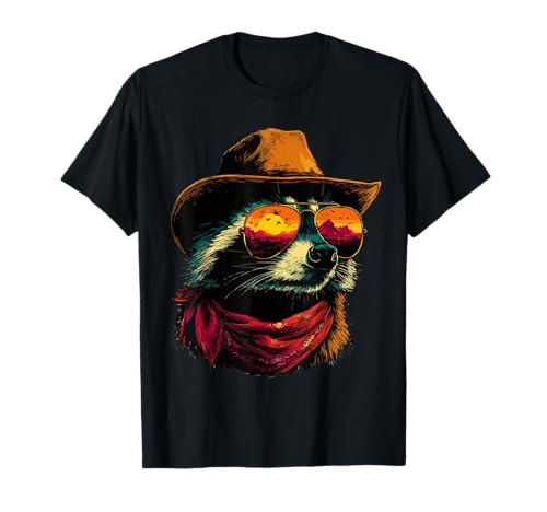 Colorido Mapache en Gafas de Sol Vaquero Animal Puesta de Sol Occidental Camiseta