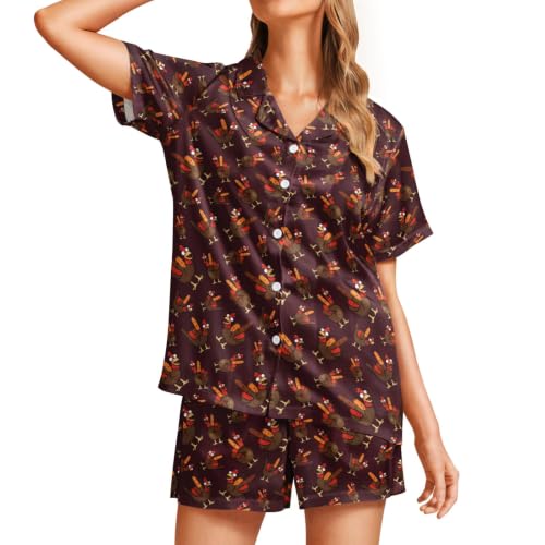Image of Funny Satin Pajamas Set for Women Button Down Sleepwear Print Pjs Set 2 Piece Short Sleeve Loungewear Gift for Women