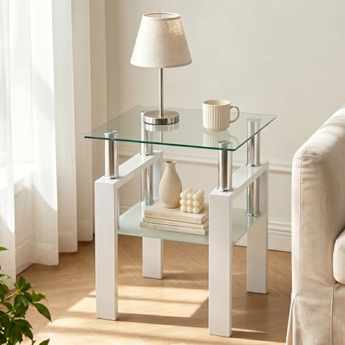 Image of Meihua Tempered Glass End Table, White Modern Square Side Table with Metal Frame, 2-Tier Glass Accent Table for Living Room, Bedroom, Apartment & Small Spaces