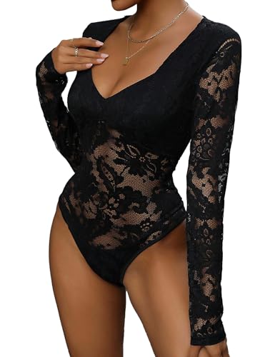 Everbellus Women's Sexy Long Sleeve Bodysuit Sweetheart V Neck Body Suits Lace Blouse Tops Date Night Clubwear Black XLarge
