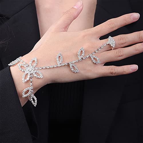 YERTTER Silver Flower Rhinestone Bracelet Finger Ring Link Bracelet Slave Link Bracelet Wedding Bridals Hand Chain2
