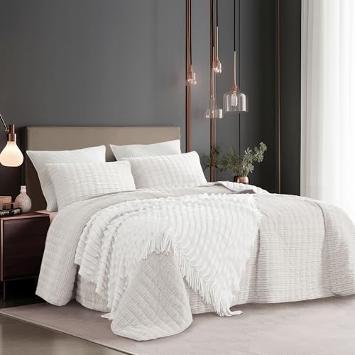 SHALALA Corduroy Quilt Queen Size 3 Pieces Bedding Set,Striped Bed Cover Cozy Bedspread Coverlet with 2 Matching Pillow Shams,Soft Lightweight Quilt Set for All Season(Ivory,Full/Queen)