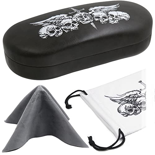 MyEyeglassCase - Elegant Distressed Grey in Skulls art work design Hard Shell Sunglass Case with Microfiber Pouch & Cloth - Glasses Case Medium to Large Eyeglass Case for Men and Women (AS87 Skulls)