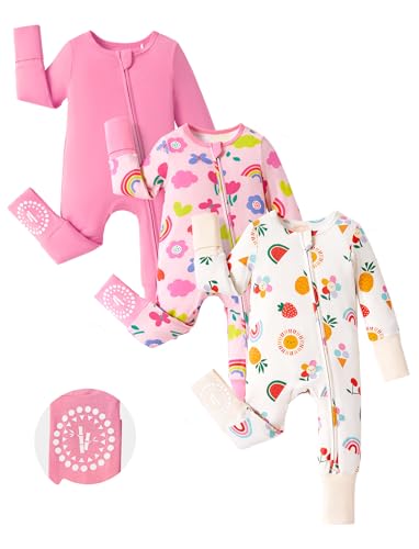 Image of PATPAT Baby Footies Boys Girls - Bamboo Viscose - Zipper & Non-Slip Soles Romper Mitten - Footed & Footless Infant Clothes