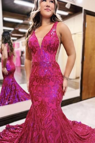 Lace Sequin Prom Dress Sparkly Long V Neck Mermaid Formal Evening Ball Gown for Women2