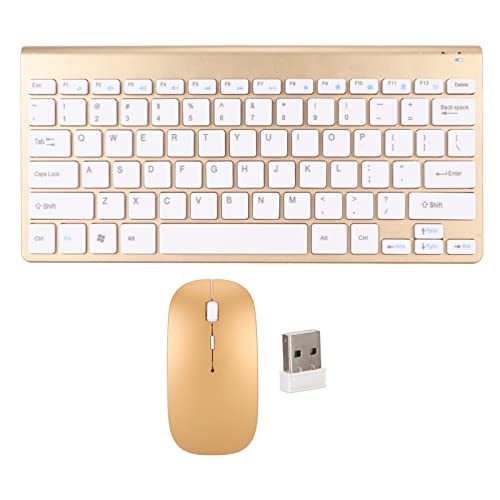 Keyboard Mouse Combo, Smart Silent LED Indicator Compact Ultra Thin Keyboard Power Saving USB Mouse Set for Office Desktops Computer Laptops (Gold)