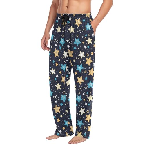 Vdsrup Men's Pajama Pants Blue Yellow Stars Pajama Pants for Men PJs Bottoms Drawstring Pockets Sleep Lounge Pants S4