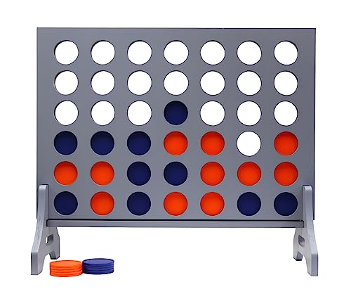 Image of Giant 4 in a Row Game for Family & Adults - Tailgating Pros Jumbo Grey Wooden Four in a Row Indoor & Outdoor Yard Game for Family Party Fun, Portable Activities for Patio, Backyard, and Camping