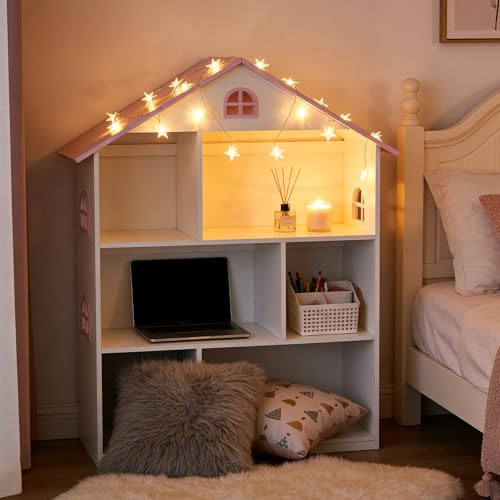 Image of Wooden Dollhouse Bookshelf, 3 Tier Bookcase for Kids, Pink and White, Toy Storage Organizer for Children Bedroom and Playroom, 32.7 x 11.8 x 41.7 Inches
