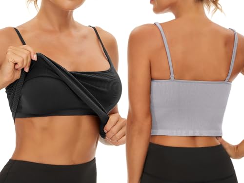 Image of Chilylori Seamless Sports Bra Cropped Tank Top with Adjustable Strap 2 Pack | Workout Tops Ribbed Sports Bra for Women Wireless Longline Crop Tank Padded Comfortable Brami