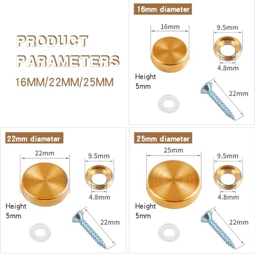 Leliafleury 8 Sets Mirror Screws Caps 22mm Decorative Cap Covers Stainless Steel Mirror Screws for Bath Plates Tables Wardrobes Furniture Brushed Golden - Image 3