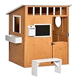 Outsunny Spielhaus für Kinder Holz Kinderspielhaus mit Fenster Briefkasten Outdoor Gartenspielhaus mit Blumentopfrack Holzspielhaus für 3-8 Jahre Tannenholz Natur 122 x 108 x 135,5 cm