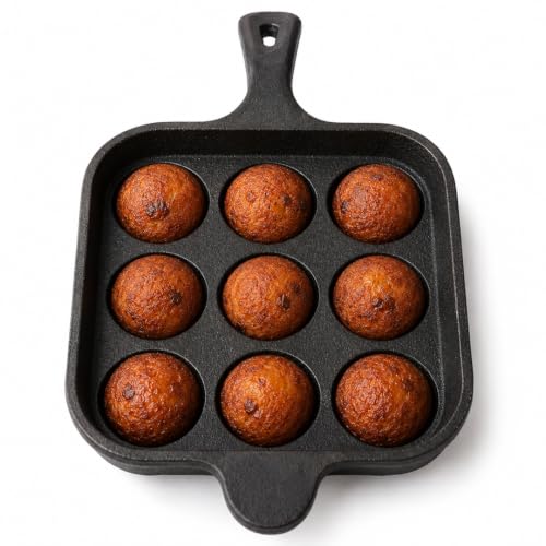Image of Kichera Cast Iron 9 Cavity Paniyaram pan Long Handle 7 Inch, 2.4kg | Paddu Maker |Ponganalu Kallu | Appam Chatti |Pre-Seasoned & Naturally Non-Stick | Induction Friendly Pure & Toxin-Free Appachatty