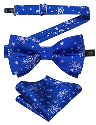DiBanGu Boys Christmas Bowtie Set Silk Xmas Holiday Pre-tied Bowtie and pocket Square for Kids Festive Bow Tie with Gift Box, Royal Blue and White Snowflake