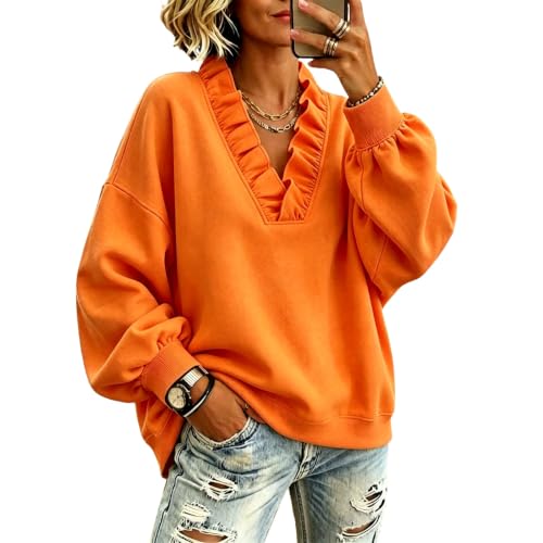 Elneeya Womens Oversized Sweatshirt Vneck Ruffled Vintage Fall Sweatshirt