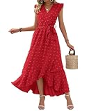 BTFBM Boho Dresses for Women 2026 Summer Fashion Cap Sleeve Swiss Dot Flowy Ruffle Beach Wedding Cocktail Maxi Dress(Red, Small)