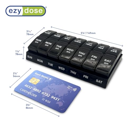 Image of EZY DOSE Weekly, AM /PM Daily Pill Organizer, 7-Day Medicine Planner, Vitamin Container, Small Pop-Out Compartments, 2 Times a Day Pill Holder, Black, Travel-Friendly, BPA Free