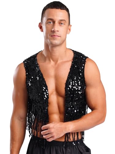 Men's Cowboy Vest Sequins Western Crop Tank Top Jackets Open Front Fringe Waistcoat Cardigan