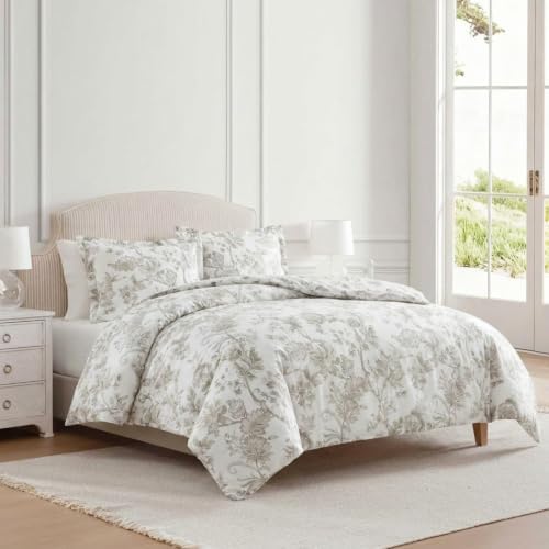 Image of Martha Stewart - Queen Comforter Set, Smooth Sateen Front with Subtle Sheen & Lightweight Cotton Percale Reverse, 3 Piece Bed Set with Matching Pillowcases (Avery Floral Grey)