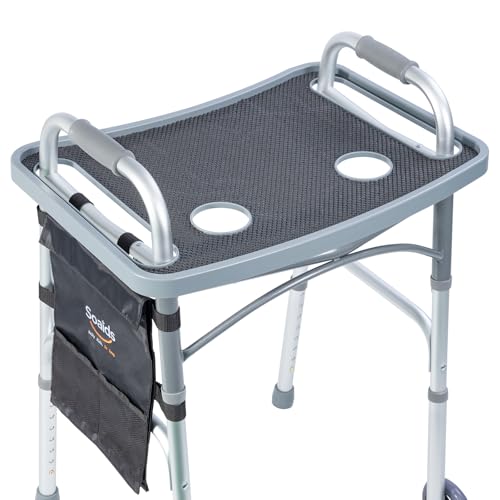 Soaids Walker Tray for Seniors with Dual Cup Holders Side Pouch and Non-Slip Pad Lightweight Durable Food & Drink Table Compatible with Walker of 10210-1 Model (Gray)