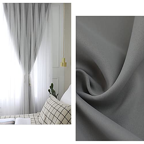 Double Layer Blackout Curtain GrayBlackout Mix Match Voile Layered Solid Pencil Pleat Curtain Panel for Living Room Girl Bedroom Thermal Insulation Shading Curtain Gray/Beige/Pink 1 pc - Image 4