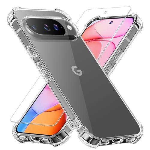 GSDCB Phone Case for Google Pixel 10 Case or Google Pixel 10 Pro Case with Tempered Glass Screen Protector, Soft Flexible TPU Slim Fit Shockproof Phone Cover for Women Men Girls Boys (Clear)