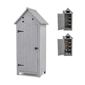 Relaxdays Gartenschrank, Holz, wetterfestes Dach, 3 Einlegeböden, HxBxT: 179 x 77 x 53 cm, Geräteschuppen Garten, grau