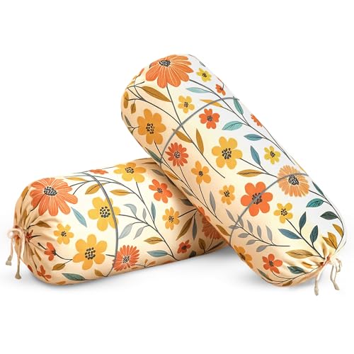 Image of GLUNFlower Print Cotton Bolster Cover Set of 2 | 16 x 32 Inches | Soft & Luxurious Decorative Bolster Pillow Covers for Sofa, Bed & Living Room | Cream