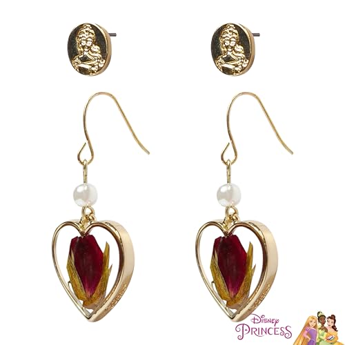 LUV HER Disney Belle Earrings Gift Sets - Heart-Shaped Drop Earrings with Pearl Accent & Belle Studs - Hypoallergenic Nickel-Free - Ideal Gifts for Girls' Parties, Costumes Ages 4+4