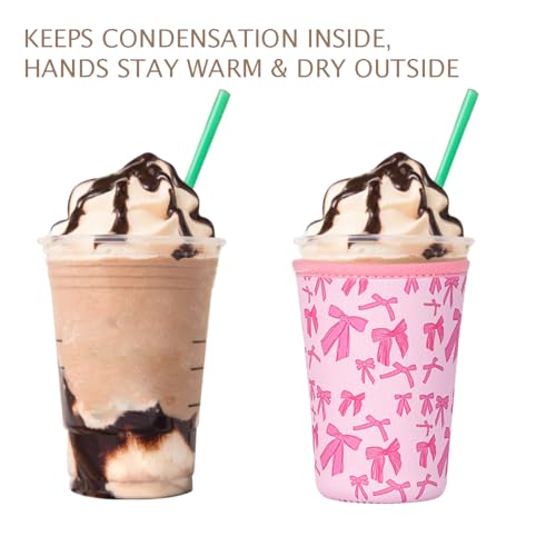 Image of Reusable 3-Pack Iced Coffee Cup Sleeve, Insulated Neoprene, Beverage Holder for Iced Coffee, Durable Drink Sleeve for Cold Beverages, Pink Bows