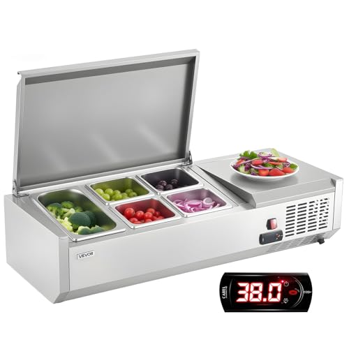 VEVOR Refrigerated Condiment Prep Station, 120 W Countertop Refrigerated Condiment Station, with One 1/3 Pan & Four 1/6 Pans, 304 Stainless Body and PC Lid, Sandwich Prep Table with Stainless Guard