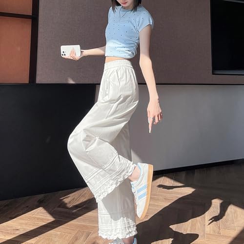 Women's Lightweight Wide-Leg Pants Fashion Lace Cropped Pants Loose Casual Straight Pants4