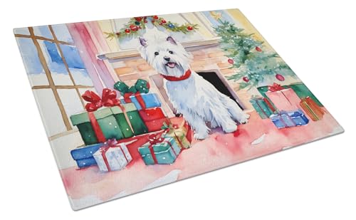 Caroline's Treasures DAC2763LCB Westie Cozy Christmas Glass Cutting Board Large Decorative Tempered Glass Kitchen Cutting and Serving Board Large Size Chopping Board
