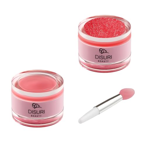 DISURI Beauty Lip Mask and Lip Scrub Set - Moisturizing Lip Scrub for Exfoliating and Smoothing Lips, Cruelty-free - Improves Texture, Hydrates, and Softens Chapped, Dark Lips Skin - (Strawberry)