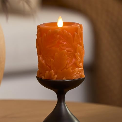 Luminara - Flameless Flickering Real Wax Moving Flame Battery Operated Unscented Candle LED Décor & Gift- Embossed Pillar Collection - Fall & Autumn Leaves, Marmalade (3.5" x 4.5")