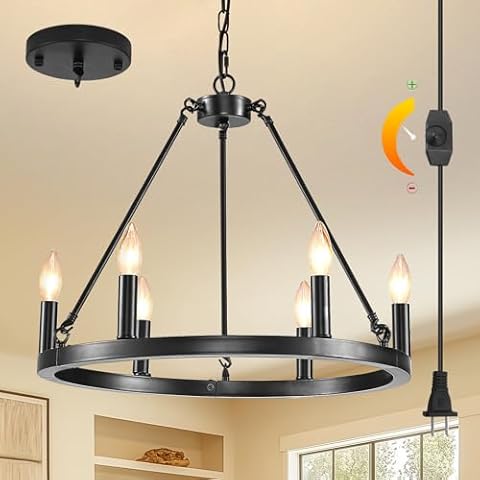 SADALAK DIMMABLE Wagon Wheel Plug in Chandelier 6-Light, 20.5" Black Round Farmhouse Pendant Light Fixture with Cord, Height Adjustable Industrial Hanging Light, Outdoor Ceiling Light for Dining Room Cover