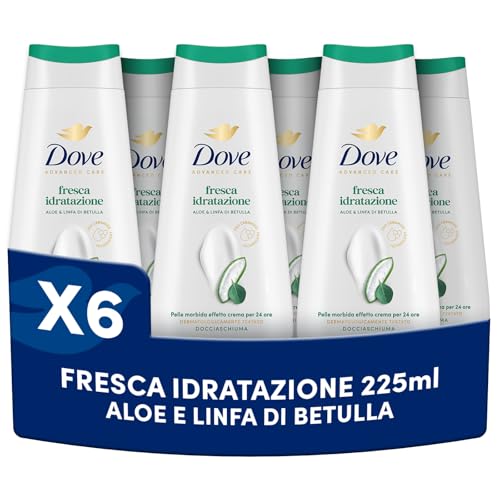 Dove Bagnoschiuma Fresca Idratazione, Bagnodoccia Idratante, Formula Delicata sul Microbioma della Pelle, con Agenti Idratanti Vegetali, Senza Solfati SLES, Bagnodoccia Uomo e Donna, 6 Pezzi da 225 ml