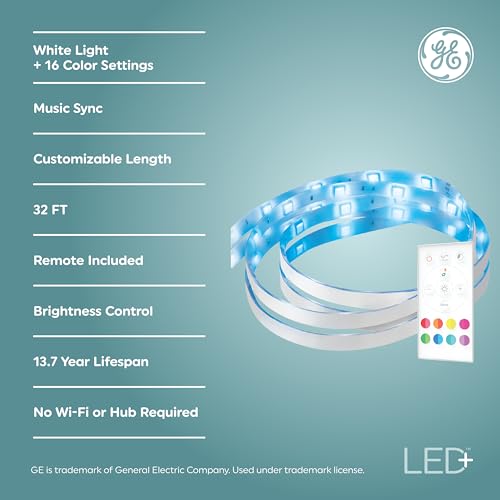 Image of GE LED+ Color Changing LED Light Strip with Remote, 13W, Music Syncing Strip Light, 32ft